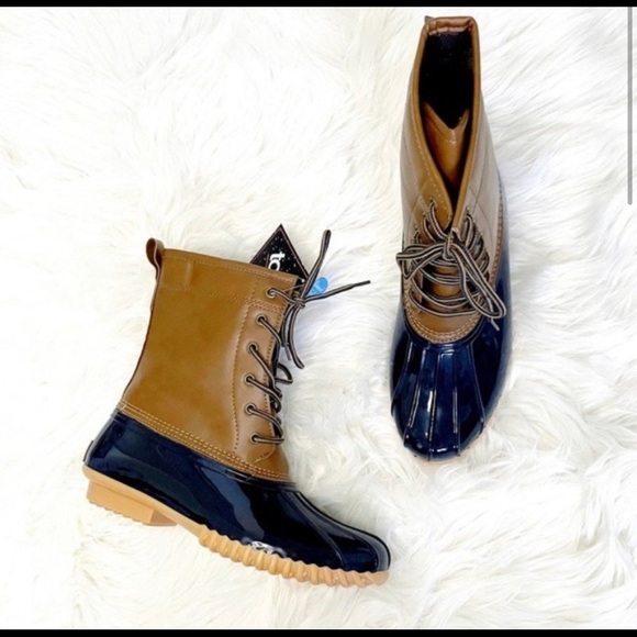 Totes waterproof boots rain boots snow winter lace up navy tan duck - Picture 1 of 6